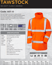 Load image into Gallery viewer, LEO TAWSTOCK ISO 20471 CLASS 3 WATERPROOF PARKA ORANGE JACKET