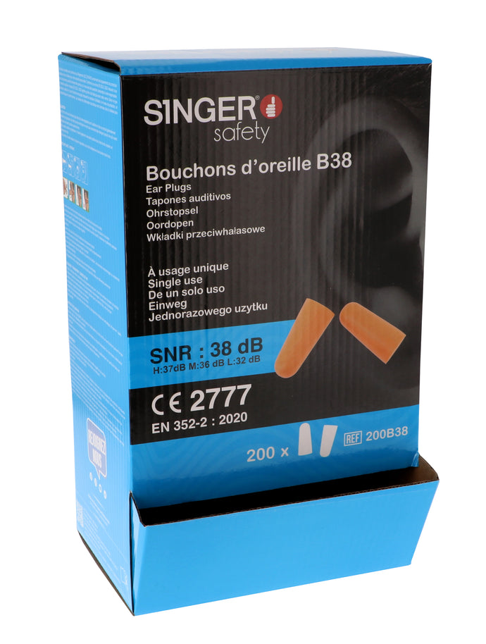 SINGER-SAFETY  200B38 - PU ORANGE EARPLUGS SNR: 38dB.D BOX OF  200 PAIR