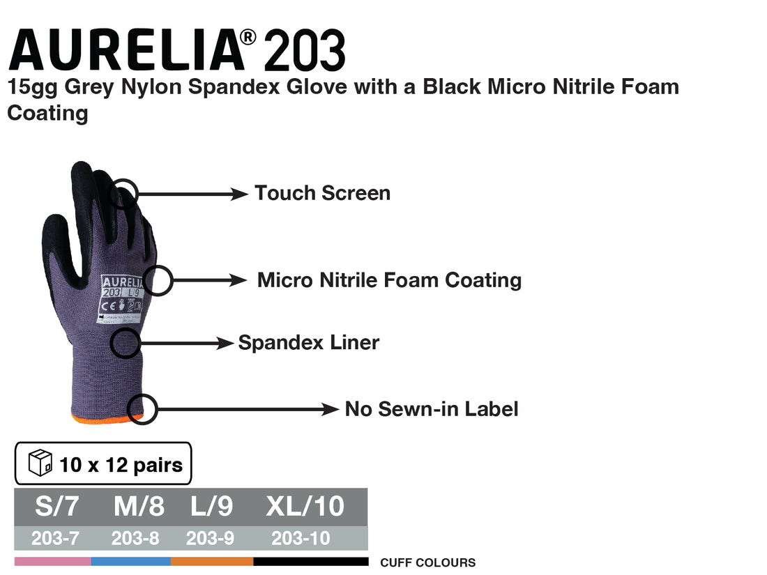 AURELIA -203 - HIGH PERFORMANCE NYLON SPANDEX NITRILE  FOAM COATED WORK SAFETY GLOVE