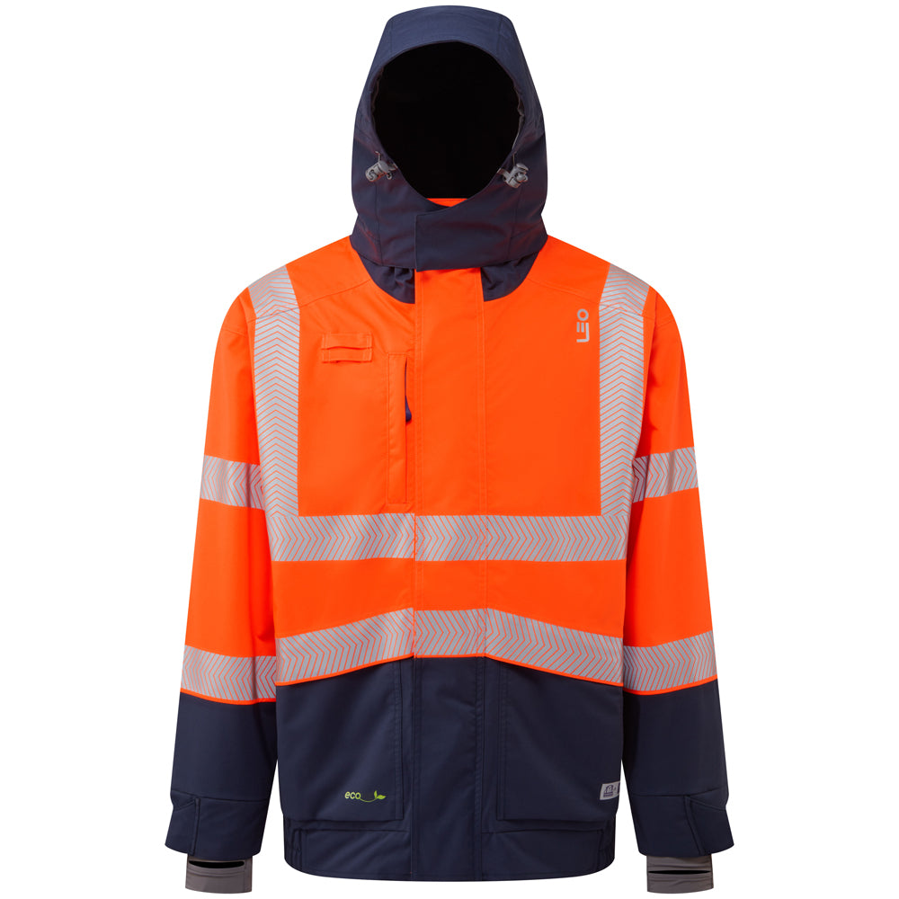 LEO DARTMOOR ORANGE NAVY ECO 10K PERFORMANCE INDUSTRIAL WATERPROOF HI VIZ JACKET