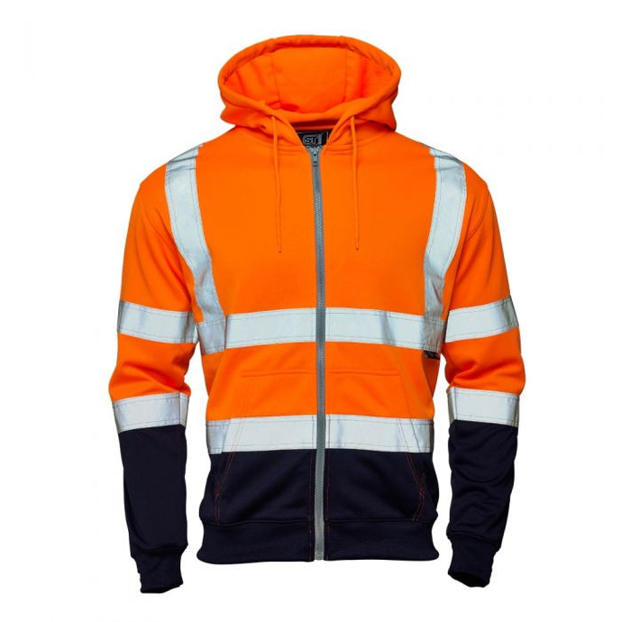 SUPERTOUCH HI-VIZ ORANGE-NAVY 2 TONE ZIPPED HOODED SWEAT-TOP