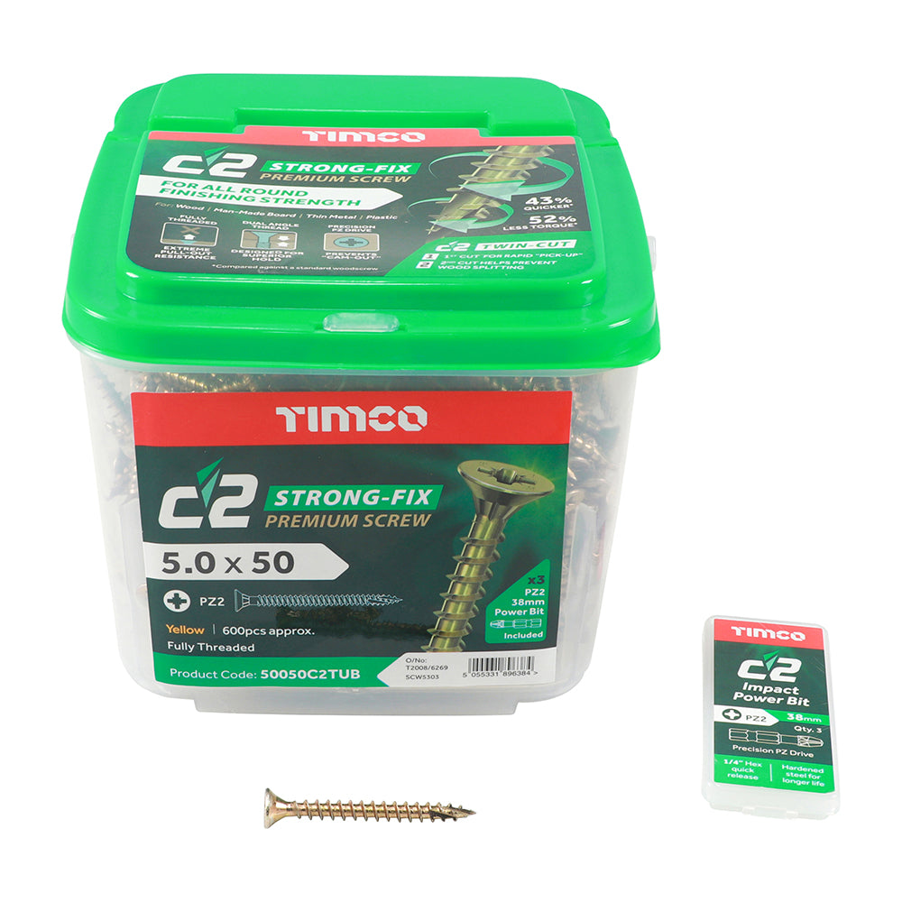 TIMCO  5.0 X 50 TUB C2 Premium Industrial Twin Cut Screws  PZ Yellow