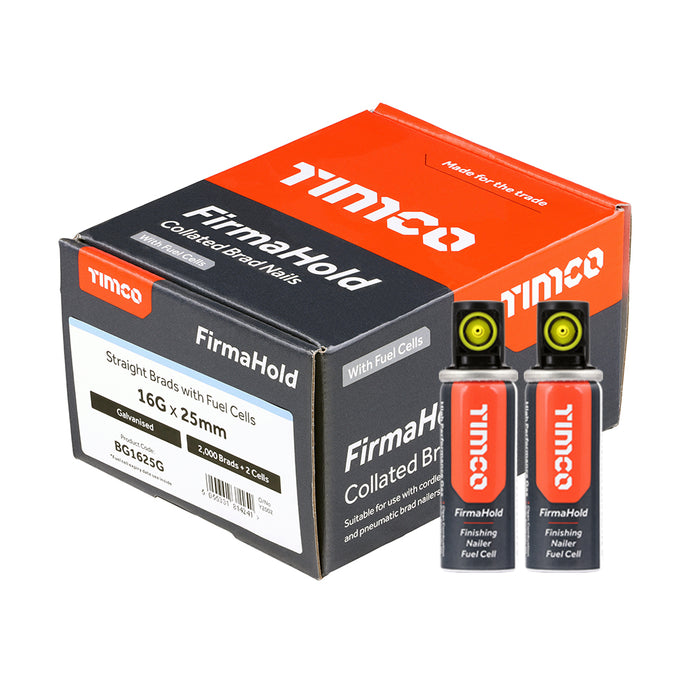 TIMCO 16g x 25mm Collated Brad Nails & Fuel Cells - 16 Gauge - Straight - Galvanised Box 2000
