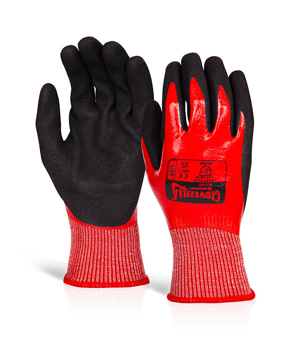 GLOVEZILLA WATERPROOF OIL RESISTANT NITRILE ANTI CUT LEVEL D GLOVE RED