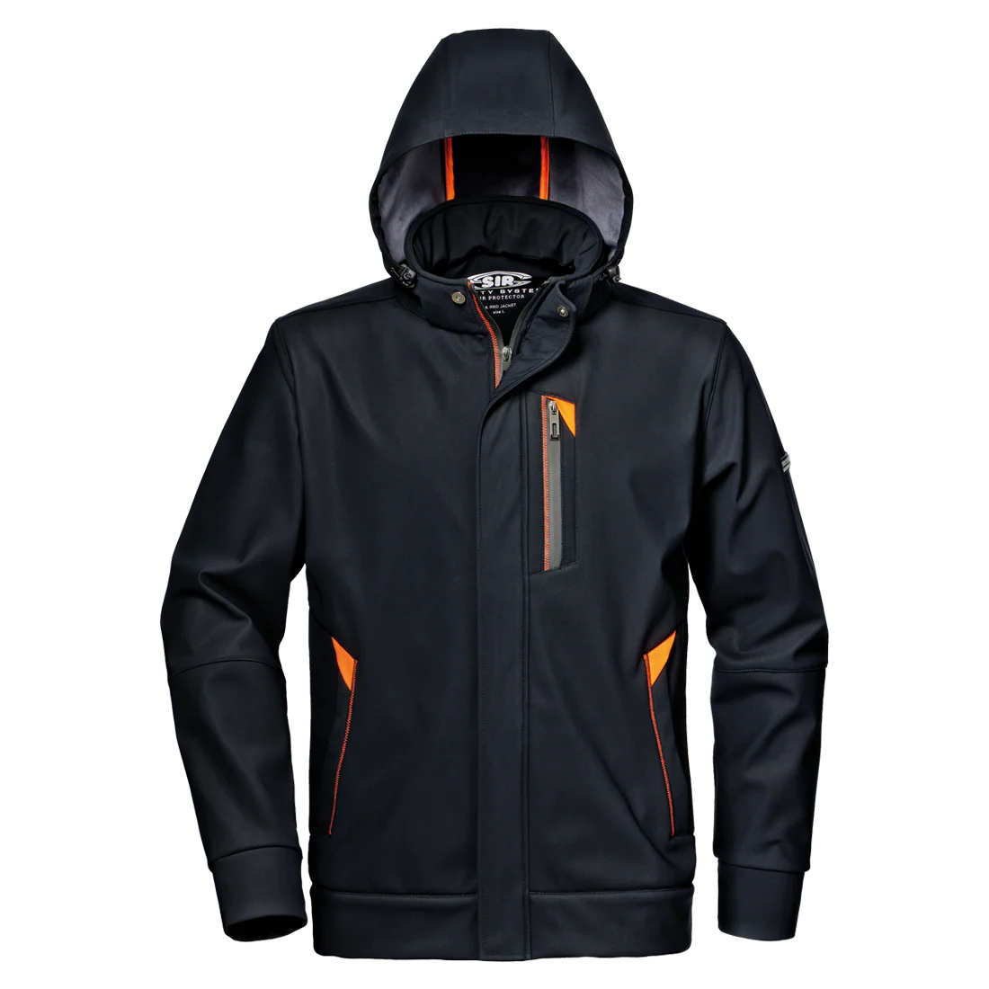 SIR SAFETY - BLACK ORANGE - REVOLUTION - BLACK EXECUTIVE HOODED SOFTSHELL JACKET - MC4218 Z9