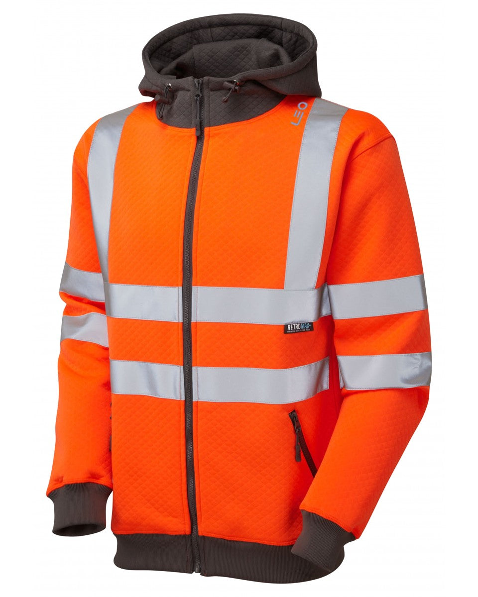 LEO - ORANGE -SAUNTON - ISO 20471 CLASS 3 HI VIZ HEAVY DUTY ZIPPED HOODED SWEATSHIRT