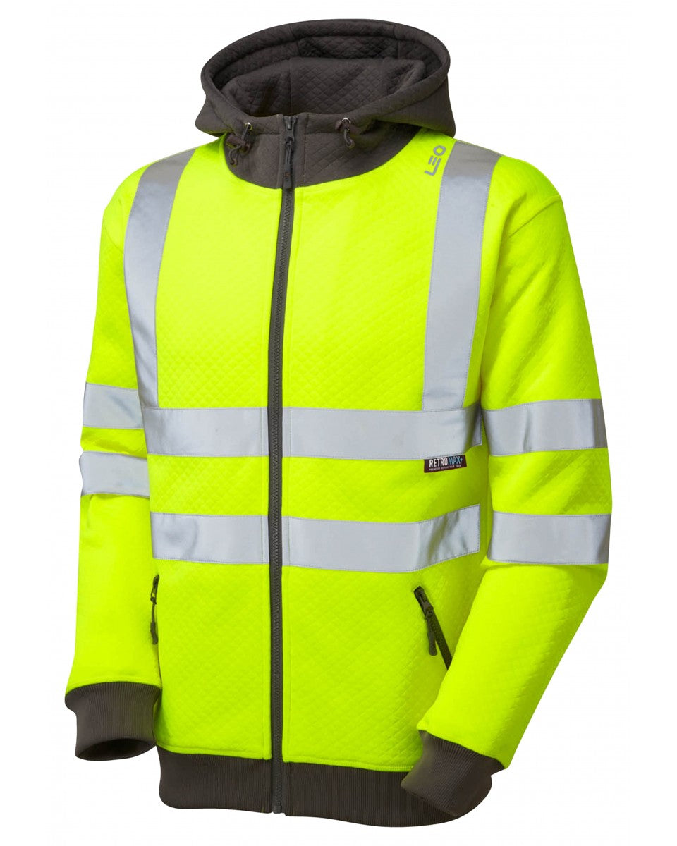 LEO - YELLOW -SAUNTON - ISO 20471 CLASS 3 HI VIZ HEAVY DUTY ZIPPED HOODED SWEATSHIRT