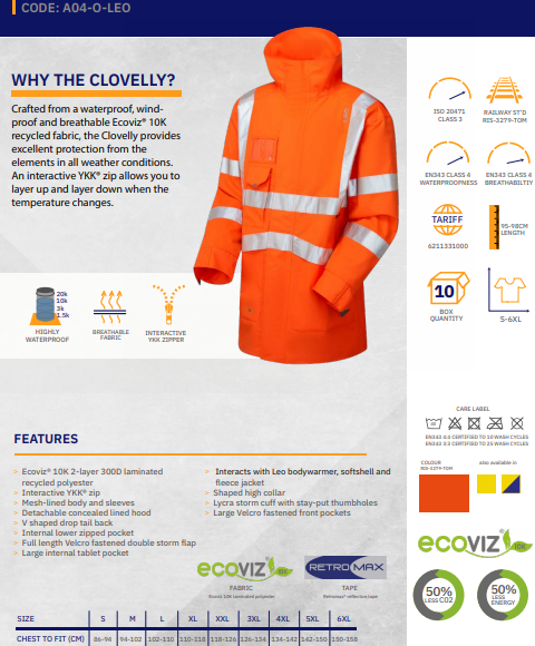 LEO - ORANGE - A04-Y-CLOVELLY ISO 20471 CLASS 3 BREATHABLE WATERPROOF HI VIZ JACKET