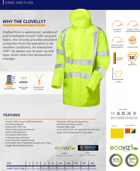 LEO - YELLOW - A04-Y-CLOVELLY ISO 20471 CLASS 3 BREATHABLE WATERPROOF HI VIZ JACKET