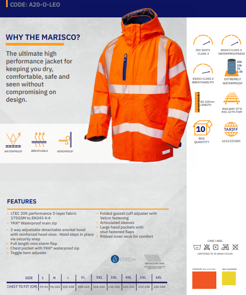 LEO A20 - ORANGE - MARISCO ISO 20471 CLASS 3 HI VIZ HIGH PERFORMANCE BREATHABLE WATERPROOF JACKET