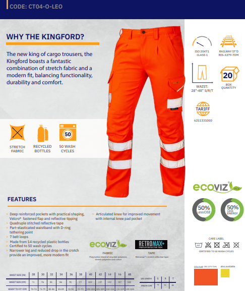 LEO CT04 - ORANGE SLIM FIT - KINGFORD - RAILSPEC ISO 20471 CLASS 1 HI VIZ STRETCH TROUSER