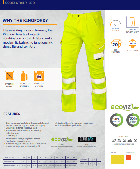 LEO CT04 -YELLOW SLIM FIT - KINGFORD ISO 20471 CLASS 1 HI VIZ STRETCH TROUSER