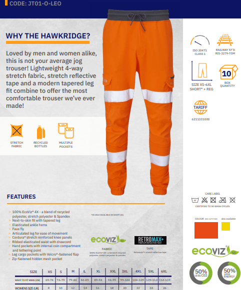 LEO JT01-O- HAWKRIDGE RAILSPEC  ISO 20471 CLASS 1 JOGGER TRACKSUIT BOTTOM HI VIZ ORANGE