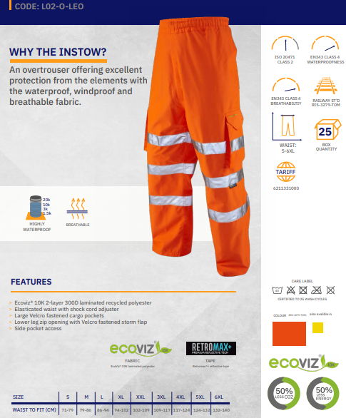 LEO L02 - ORANGE - INSTOW ISO20471 CLASS 1 HI VIX BREATHABLE WATERPROOF LEGGINS