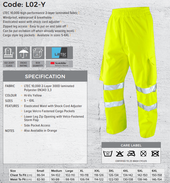 LEO L02 - YELLOW - INSTOW ISO20471 CLASS 1 HI VIX BREATHABLE WATERPROOF LEGGINS