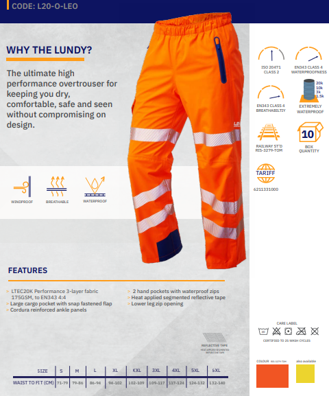 LEO L20 - ORANGE - LUNDY - ISO 20471 CLASS 2 HIGH PERFORMANCE BREATHABLE WATERPROOF LEGGINS