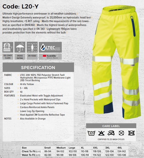 LEO L20 - YELLOW - LUNDY - ISO 20471 CLASS 2 HIGH PERFORMANCE BREATHABLE WATERPROOF LEGGINS