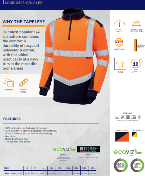LEO - SS08- ORANGE NAVY - TAPELEY ISO 20471 CLASS 2 ECO HEAVY DUTY 1/4 ZIP SWEATSHIRT