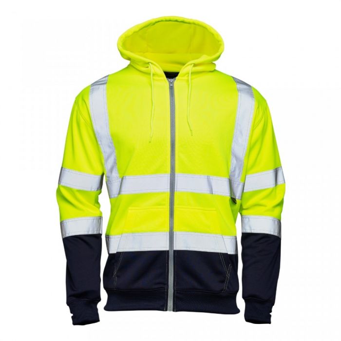 SUPERTOUCH HI-VIZ YELLOW-NAVY TWO TONE ZIPPED HOODED SWEAT TOP