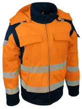 Load image into Gallery viewer, A high visibility softshell jacket with orange and navy blue colors, featuring a hood, multiple pockets, and reflective stripes.

