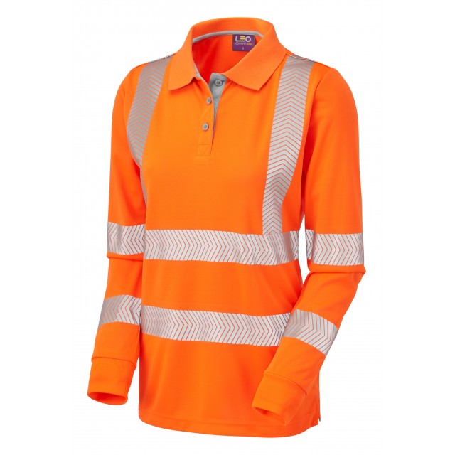 LEO - ORANGE -  POLLYFIELD - ISO 20471 CLASS 2 HI VIZ LADIES LONG SLEEVE POLO SHIRT