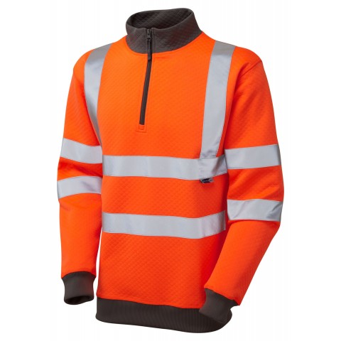 LEO SS0 1- ORANGE - BRYNSWORTHY ISO 20471 CLASS 3 HI VIZ 1/4 ZIP HEAVY DUTY SWEAT TOP